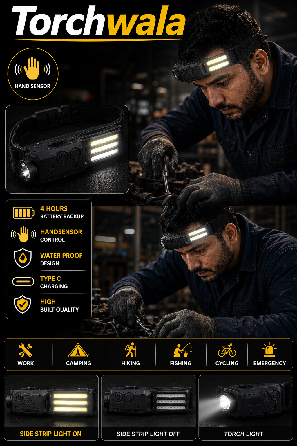 Rechargeable LED Headlamp with Hand Sensor | 3 Side Strip Lights | Type-C Charging | Waterproof | Torchwala