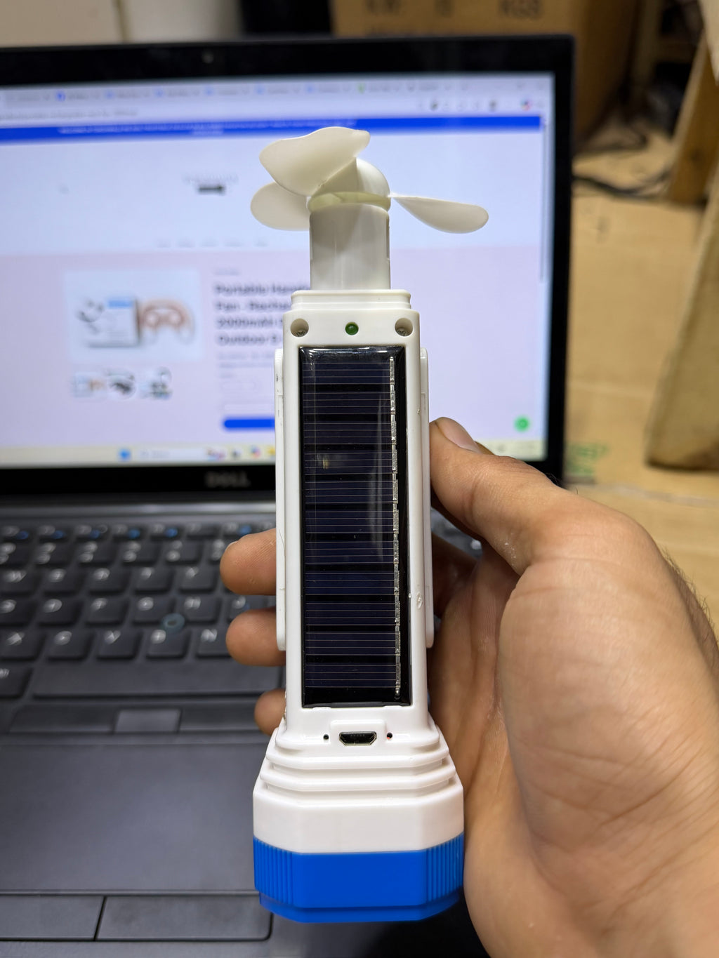 Solar Rechargeable LED Torch with Mini Fan – Portable Emergency Light with Solar Panel & USB Charging