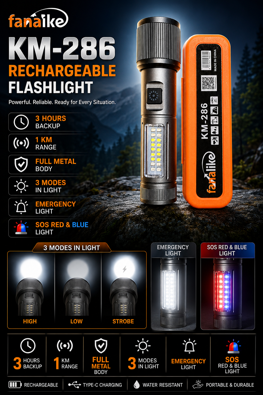 KM-286 Rechargeable Flashlight – 1KM Range | Type-C Charging