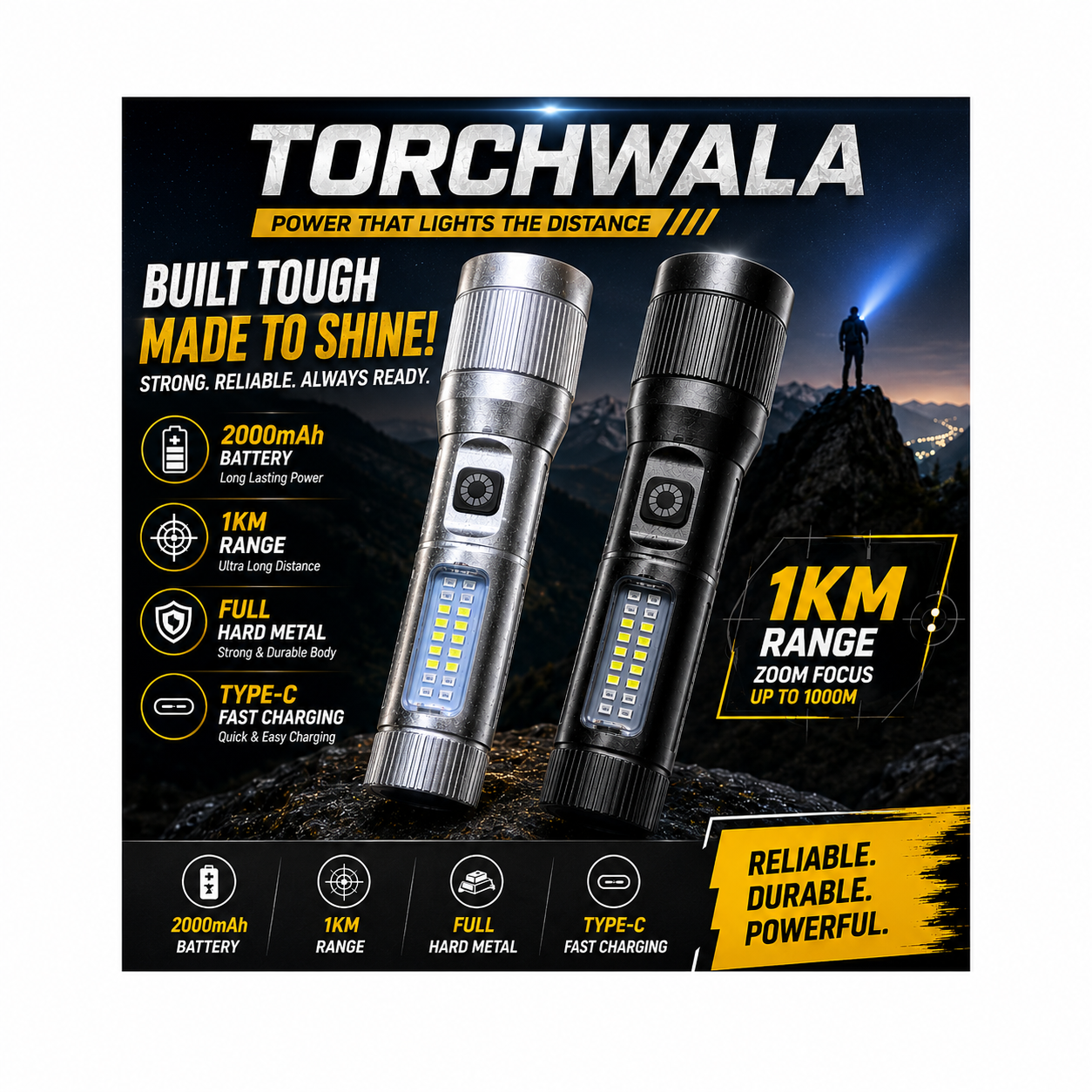 Rechargeable LED Torch with Side Light – 2000mAh Battery | 1KM Range | Full Hard Metal | Type-C Charging – Torchwala