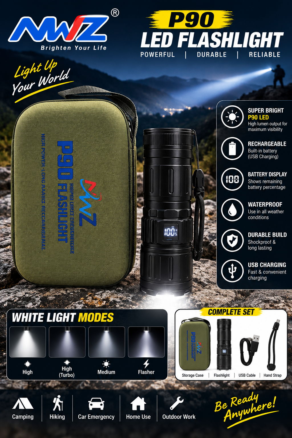 NWZ P90 Rechargeable LED Metal Flashlight with Premium Carrying Cas