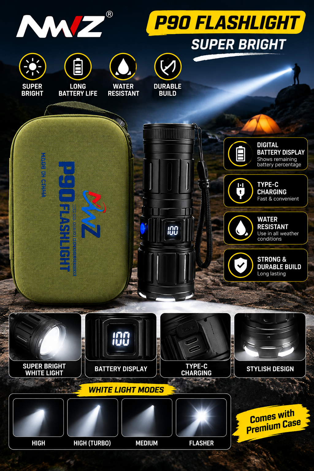 NWZ P90 Rechargeable LED Metal Flashlight with Premium Carrying Cas