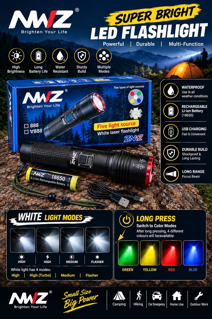 NWZ 5-in-1 Rechargeable LED Metal Flashlight | 5 Light Colors & Battery Display