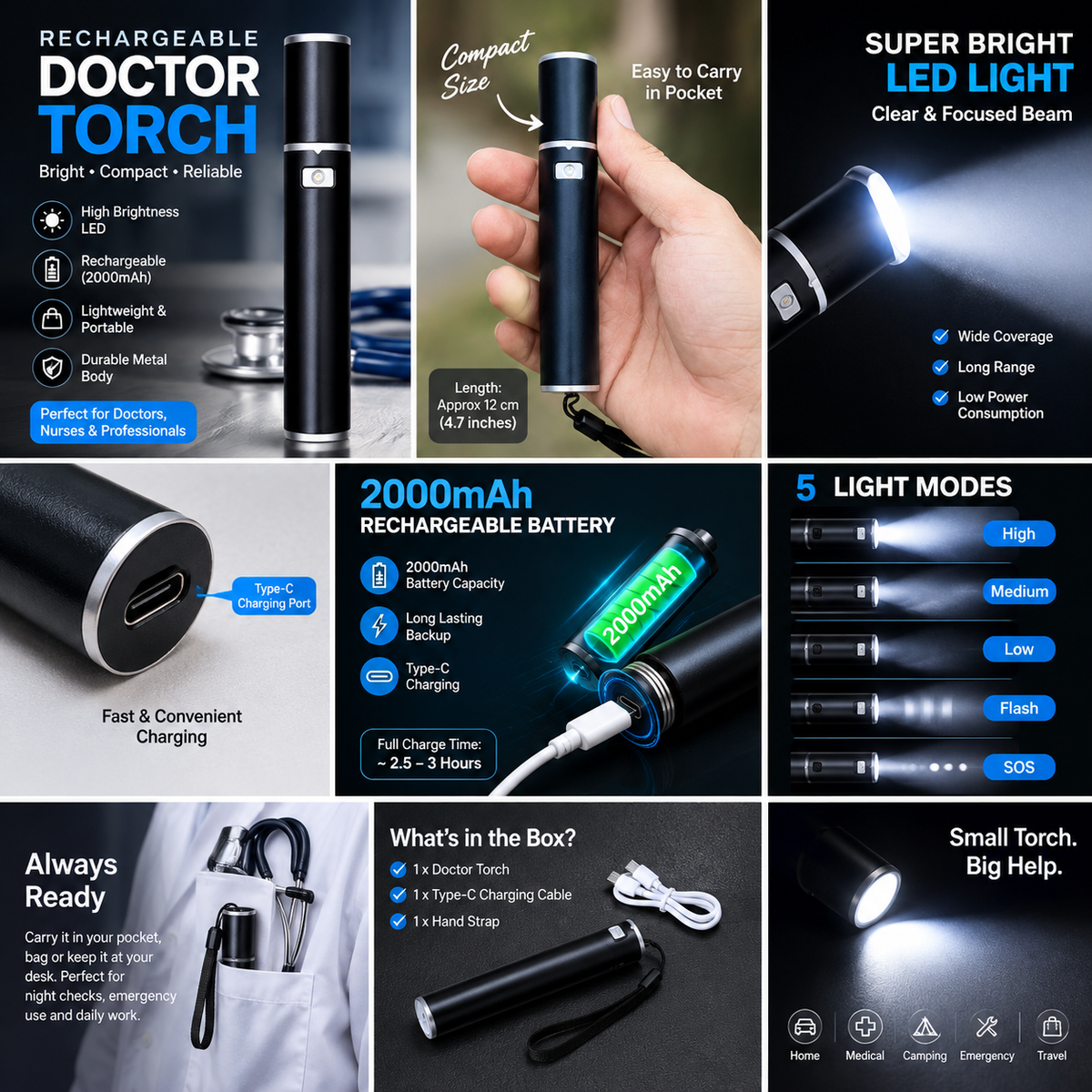 Rechargeable Doctor Torch 2000mAh – Type-C Charging LED Penlight