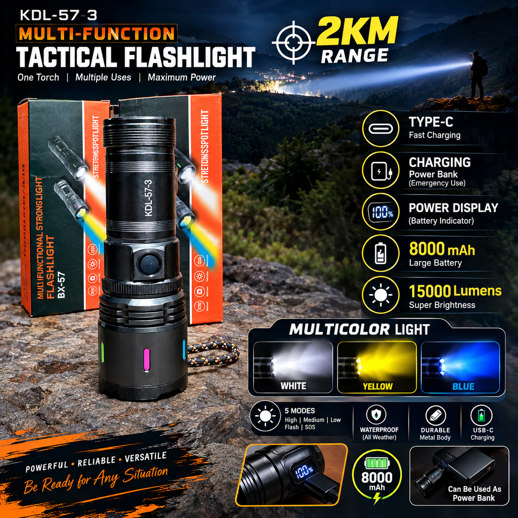 RL-57-3 Rechargeable Tactical Flashlight | 8000mAh, 15000 Lumens, 2KM Range
