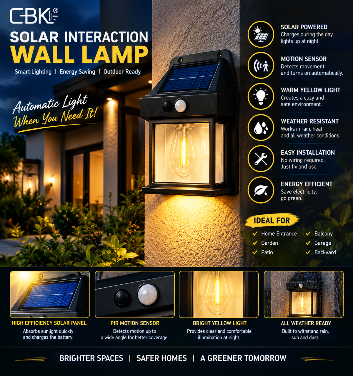 CBK Solar Motion Sensor Wall Lamp – Warm Yellow Light, Automatic Outdoor Solar Light