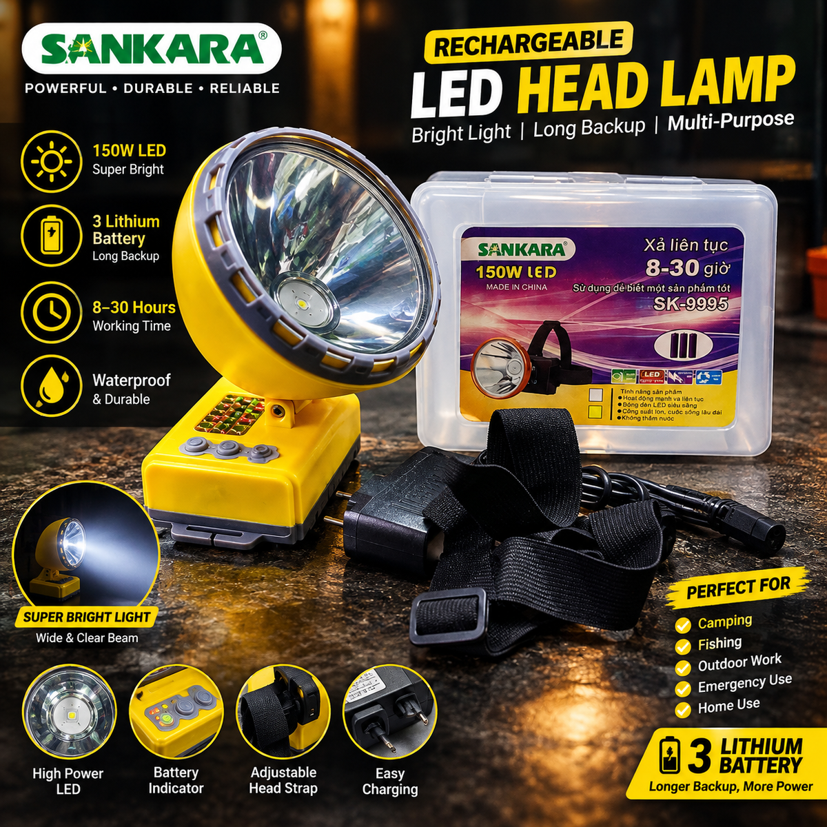 Sankara SK-9995 Rechargeable LED Head Lamp | 3 Lithium Battery