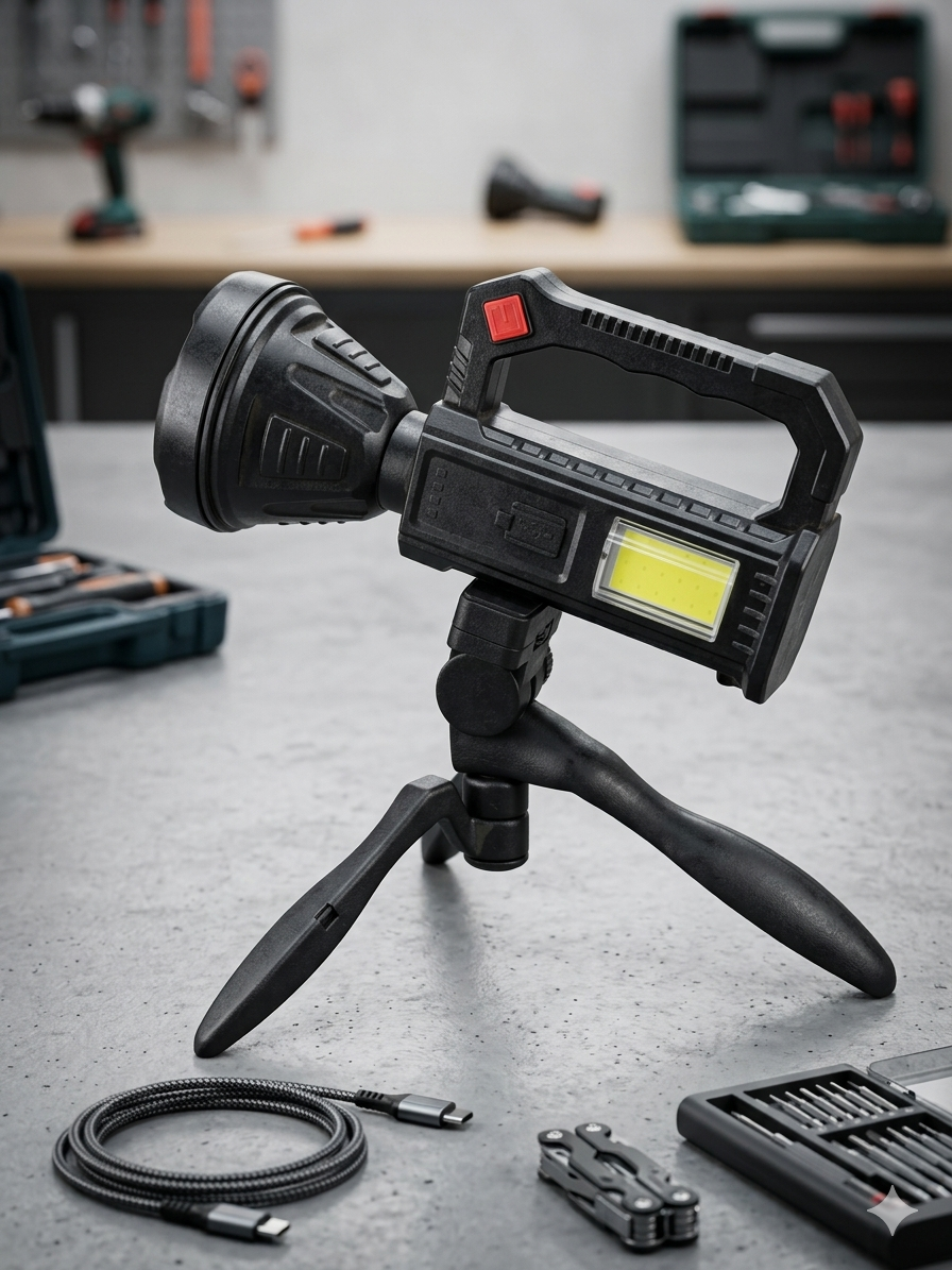 Powerful high-lumen LED searchlight with a long-range white beam illuminating a distant building in a dark forest.
