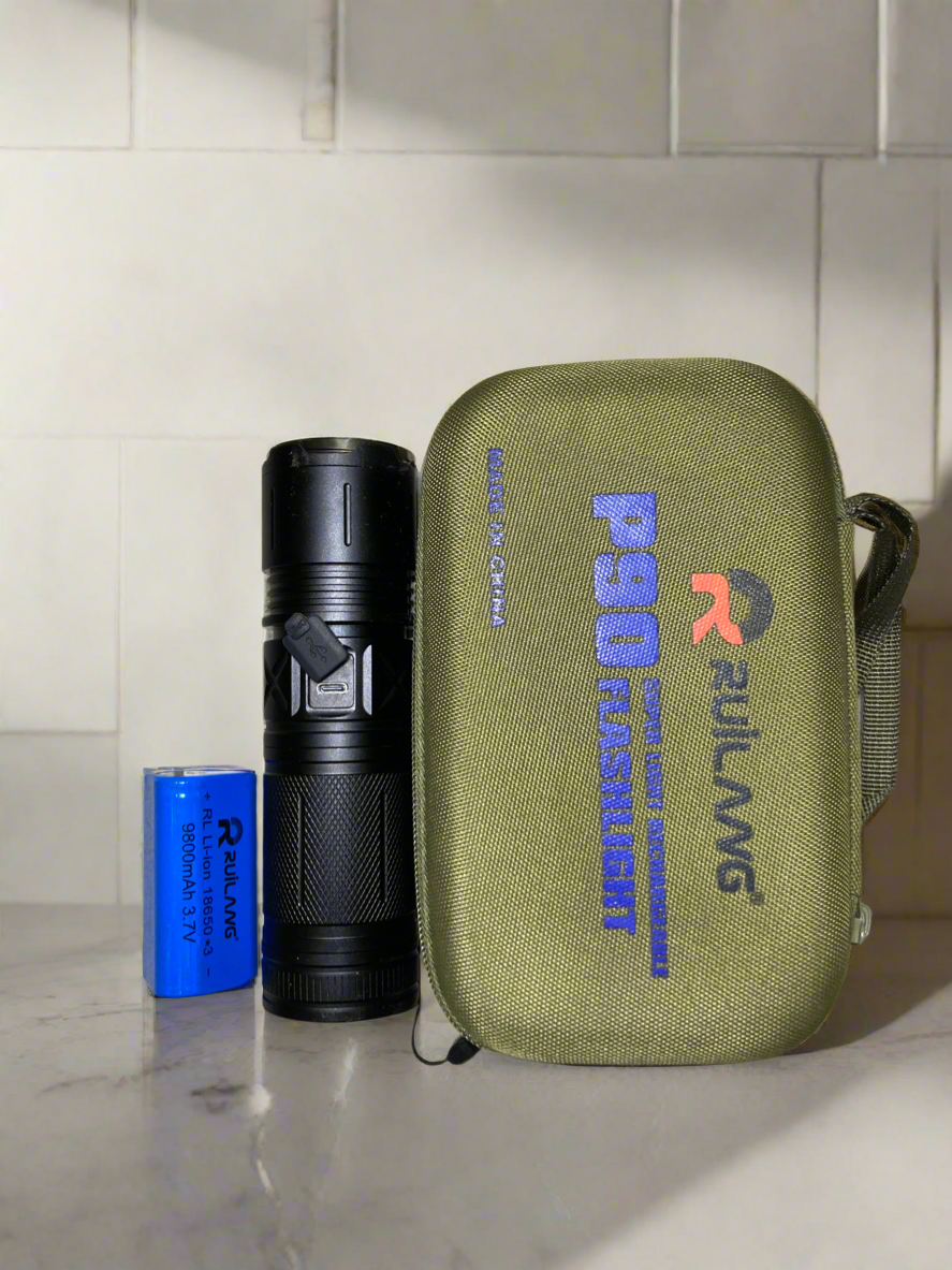 Ruilang P90 ultra bright LED flashlight with rechargeable 9800mAh battery and carrying case