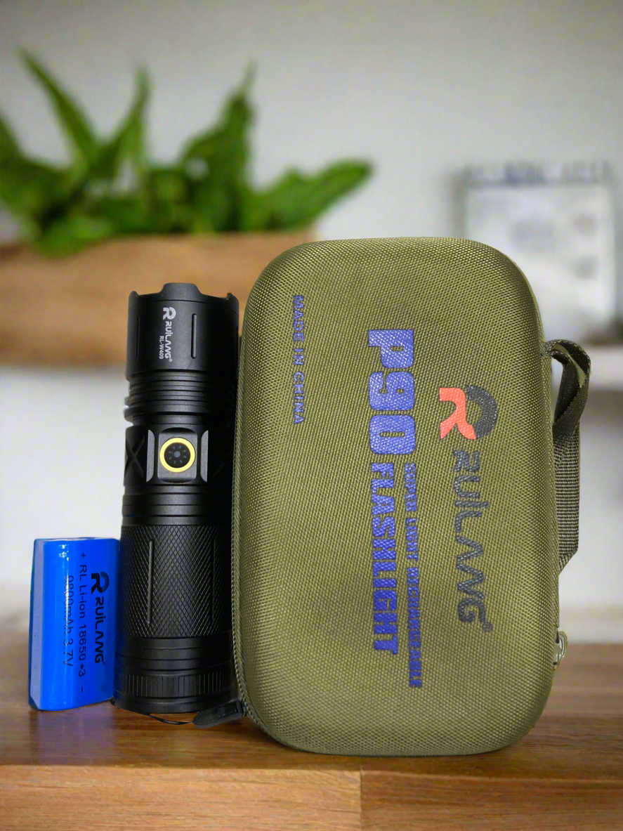 high power tactical flashlight P90 with battery and protective case for outdoor use
